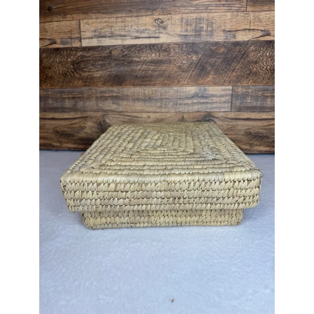 Handwoven Wicker‎ Lidded Basket Organizer Box 3 Compartments Boho Storage 9x12